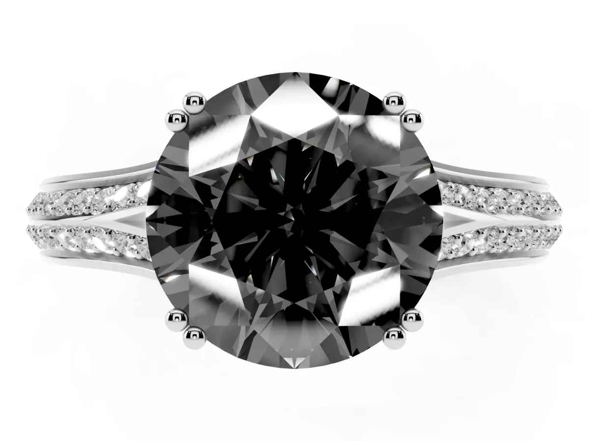 Fancy Black Round Cut Diamond Split Shank Engagement Ring with Pavé Band Silver