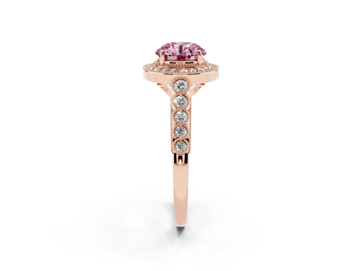Fancy Pink Round Cut Halo Milgrain Solitaire with Bezel Set Side Stones and Pave Band Rose gold