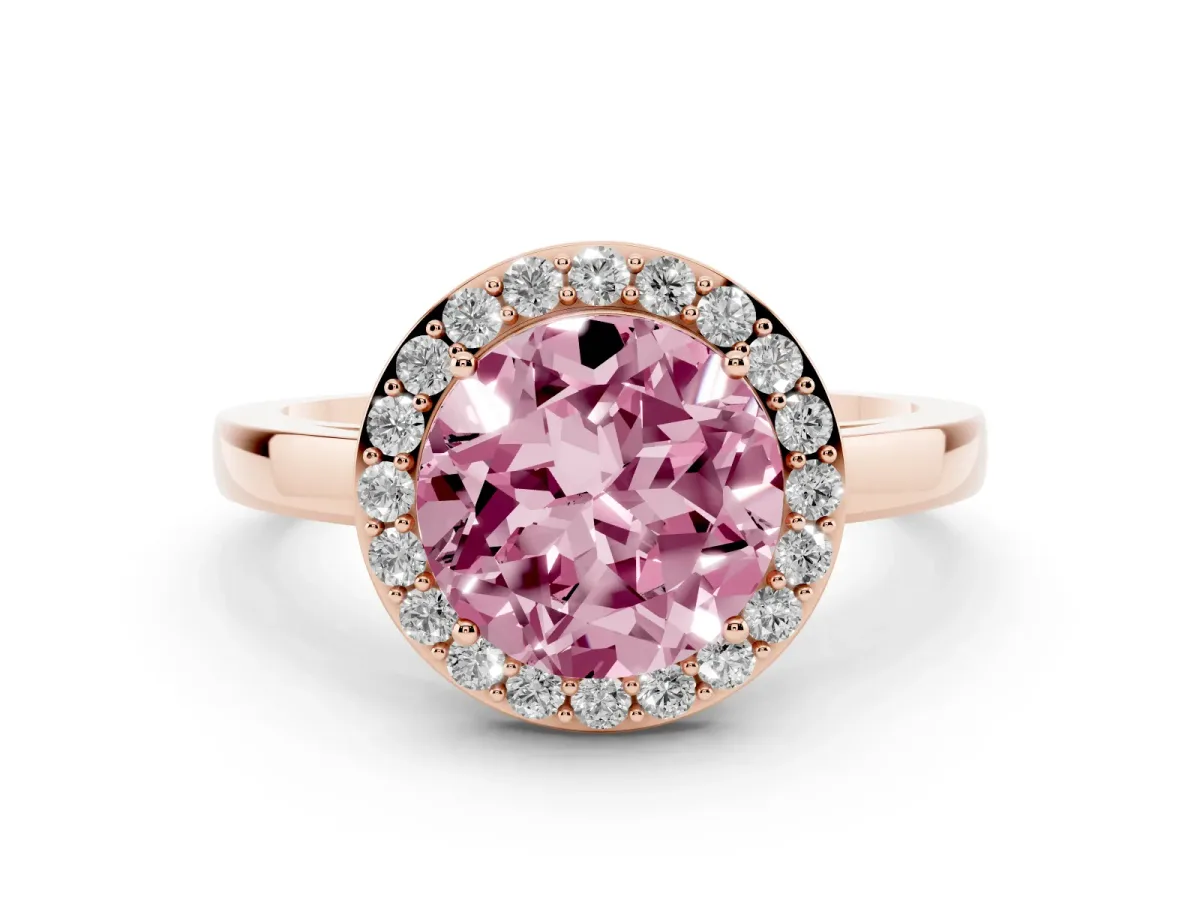 Fancy Pink Round Cut Halo Diamond Ring with Solitaire Band and Prong Setting Rose gold