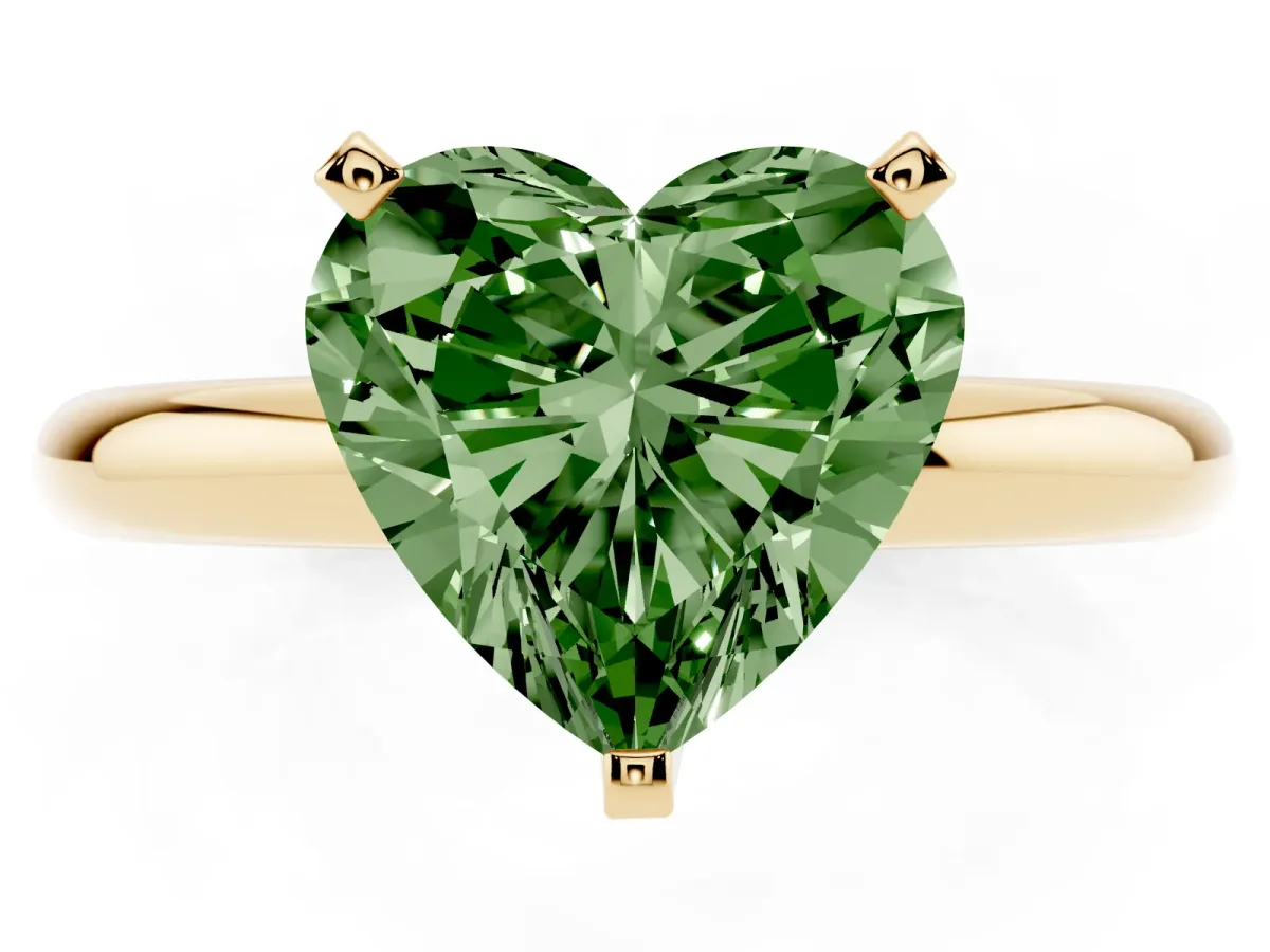 Fancy Green Heart Cut Diamond Solitaire Engagement Ring with Round Band and Four-Prong Setting Yellow gold