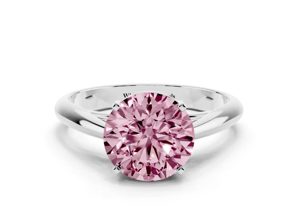 Fancy Pink Round Cut Diamond Solitaire Engagement Ring with Cathedral Setting and Four-Prong Mount Silver