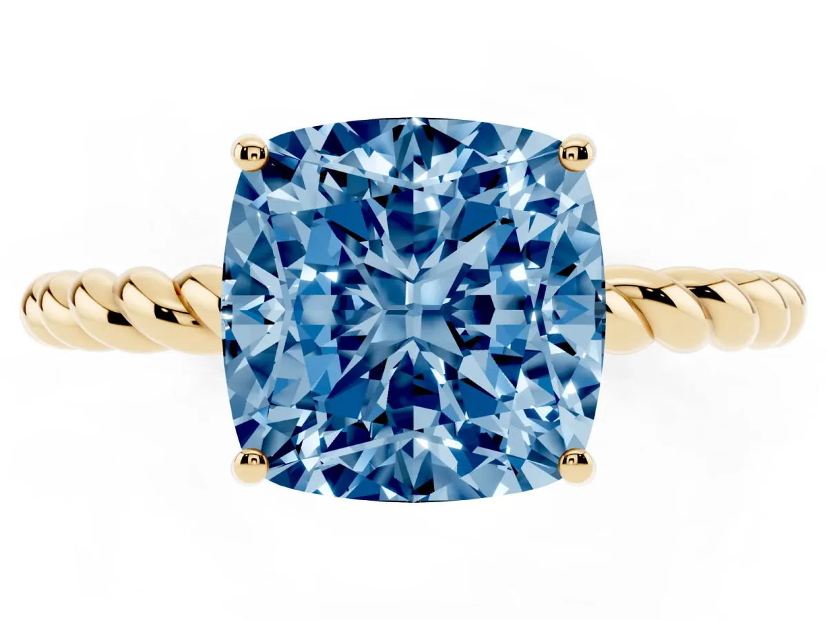 Fancy Blue Cushion Cut Solitaire Twisted Band 4-Prong Ring Yellow gold