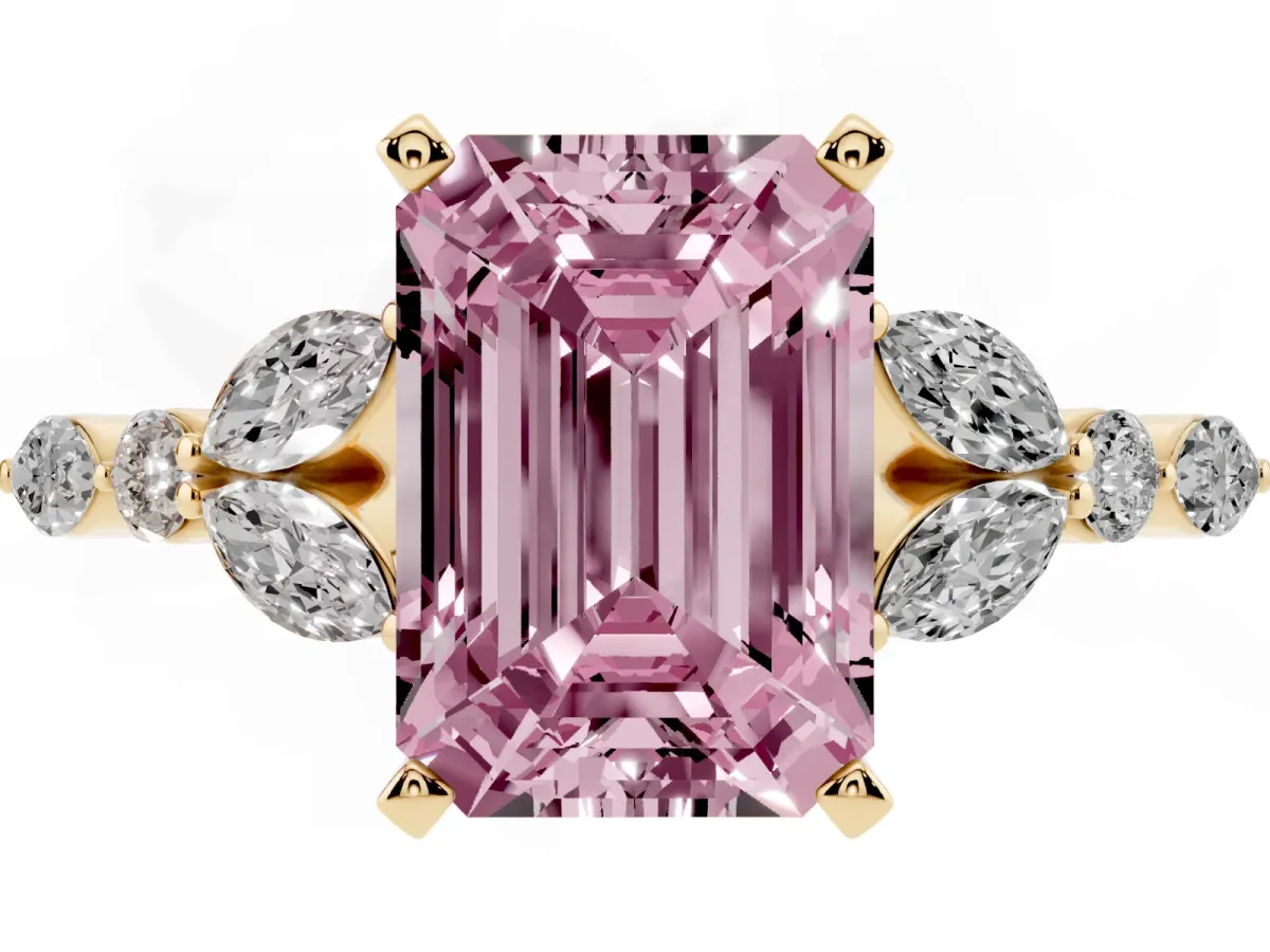 Fancy Pink Emerald Cut Diamond Solitaire Ring with Side Stones and Four-Prong Setting Yellow gold