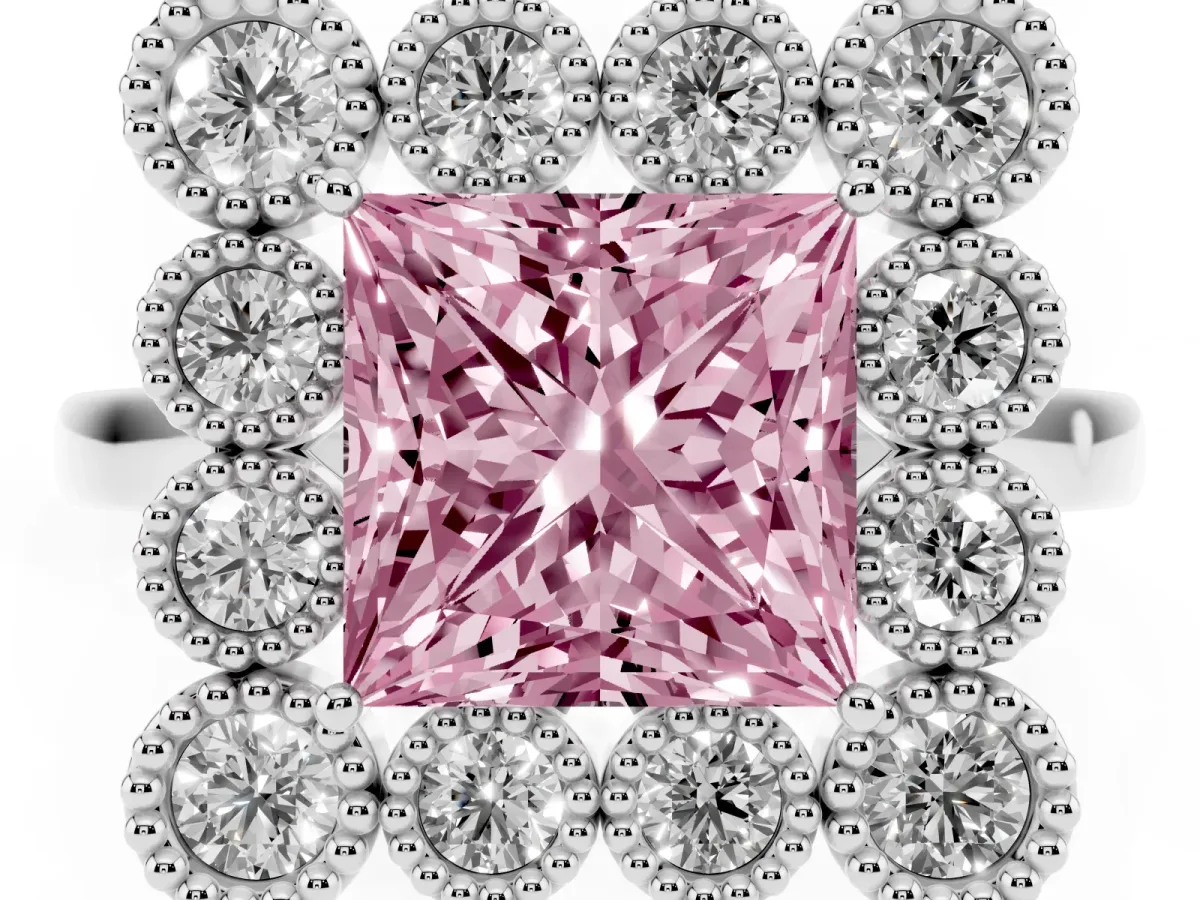 Fancy Pink Princess Cut Halo Diamond Cluster Engagement Ring with Milgrain Bezel Setting and Solitaire Band Platinum