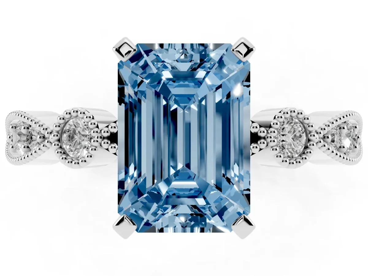 Fancy Blue Emerald Cut Milgrain Bezel Diamond Engagement Ring with Solitaire Prong Setting White gold