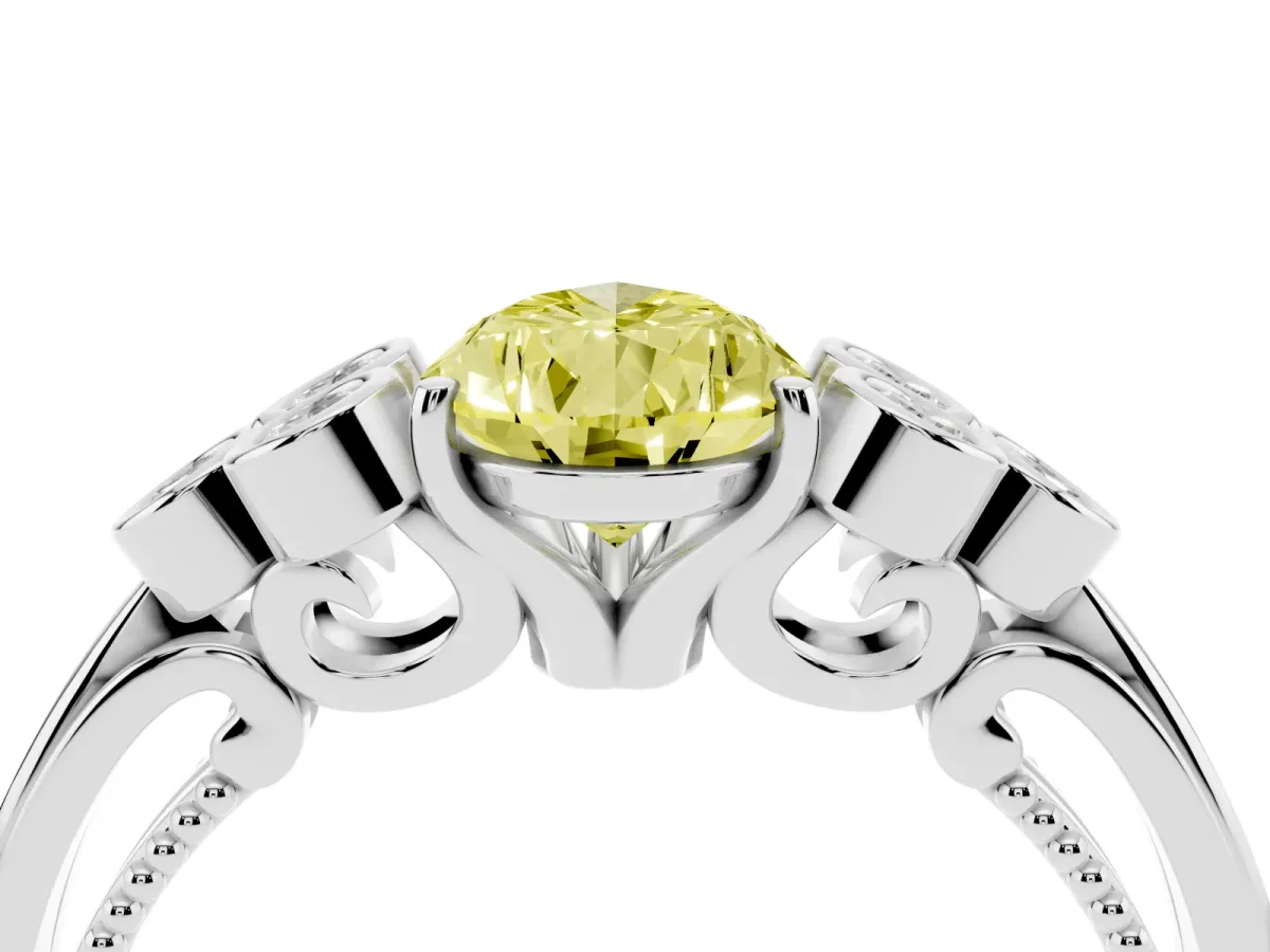 Fancy Yellow Pear Cut Cut Diamond Engagement Ring with Bezel Set Round Side Stones and Prong Setting Silver