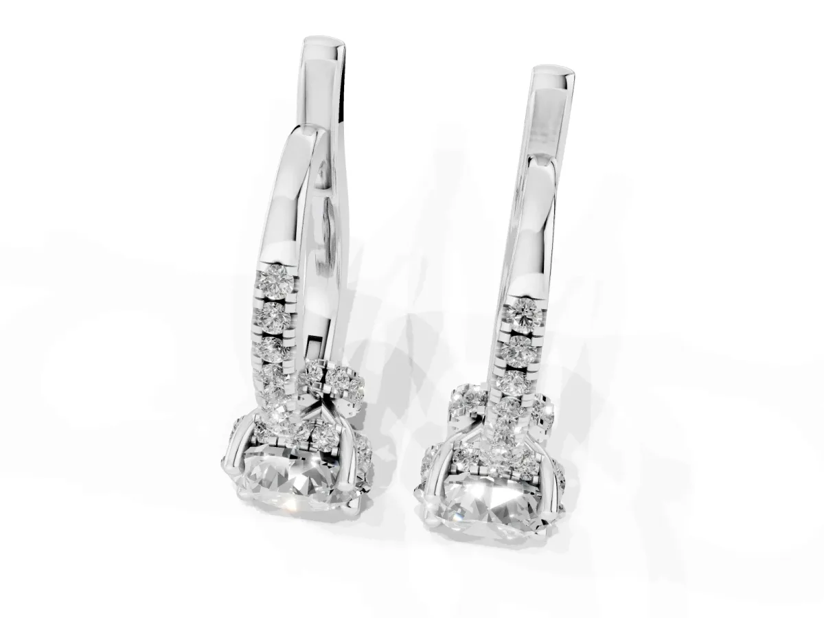 Round Diamond Hidden Halo Drop Earrings Silver