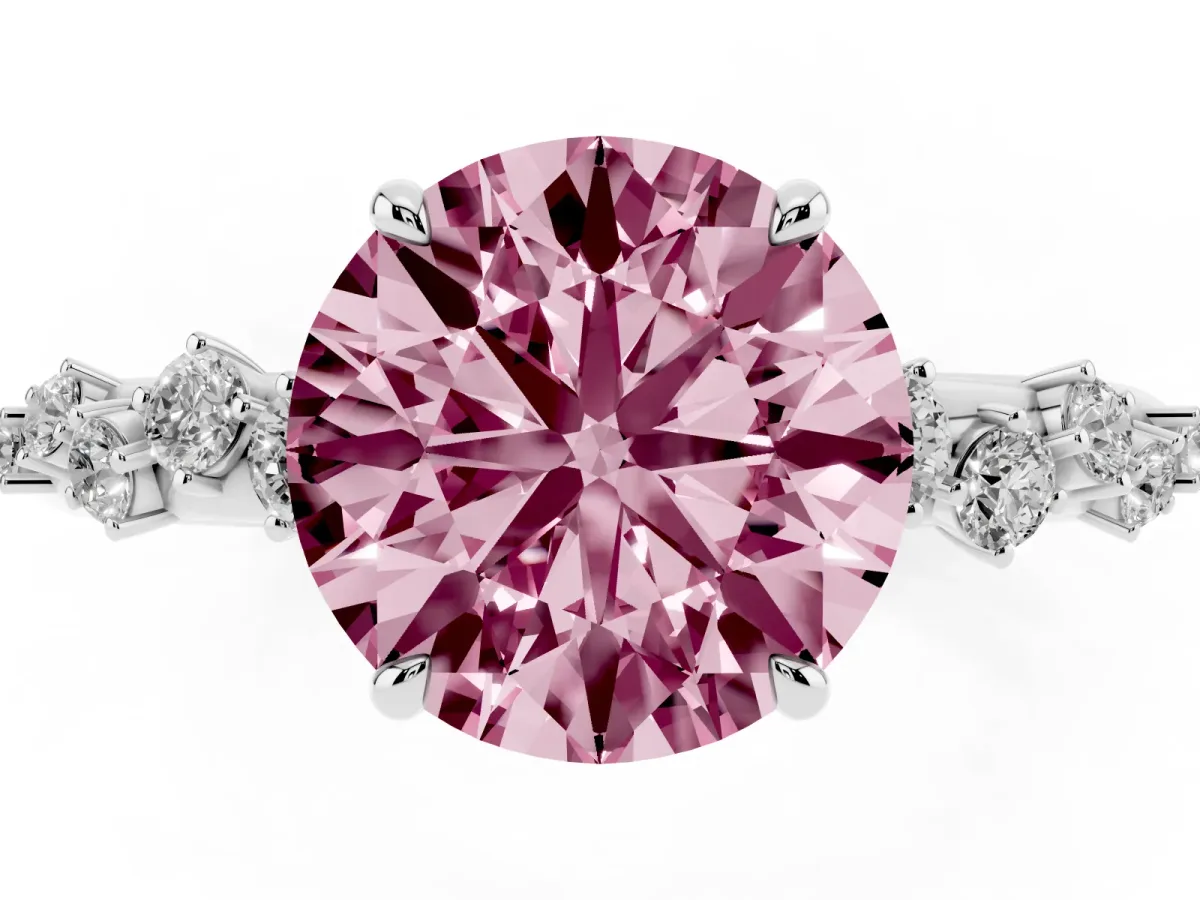 Fancy Pink Round Cut Diamond Cluster Prong-Set Solitaire Ring Silver