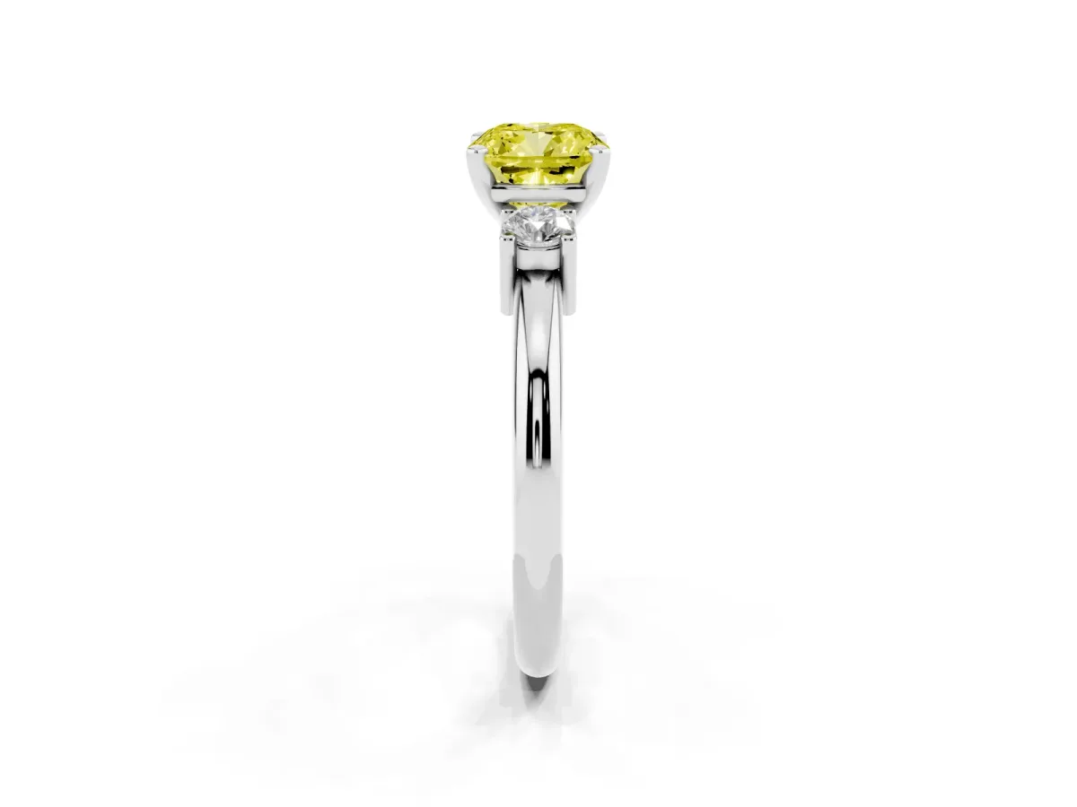 Fancy Yellow Three-Stone Cushion Cut Cut Diamond Solitaire with Prong Setting and Classic Band Platinum