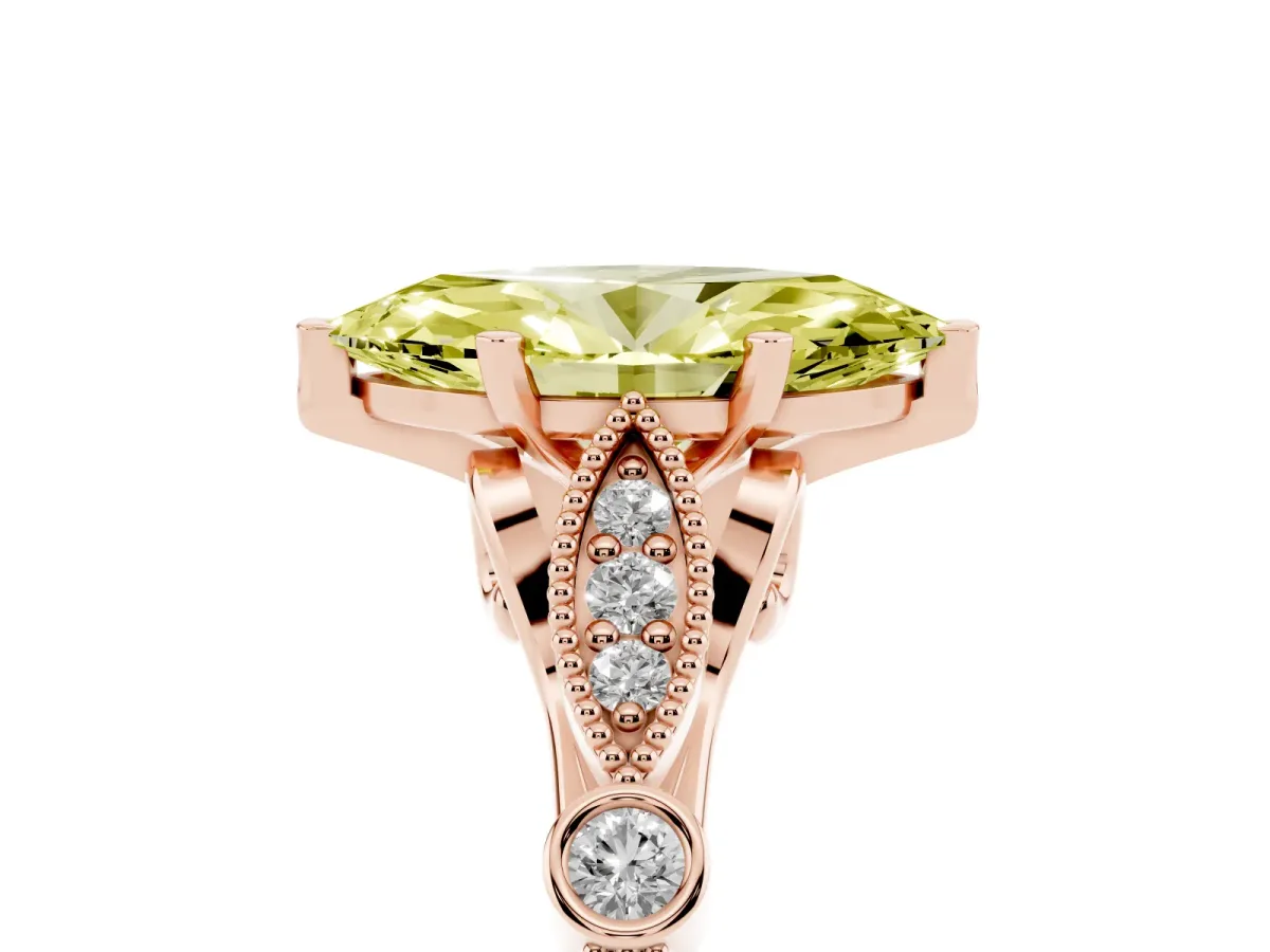 Fancy Yellow Marquise Cut Cut Diamond with Milgrain Marquise and Bezel Accents on a Solitaire Band with Prong Setting Rose gold