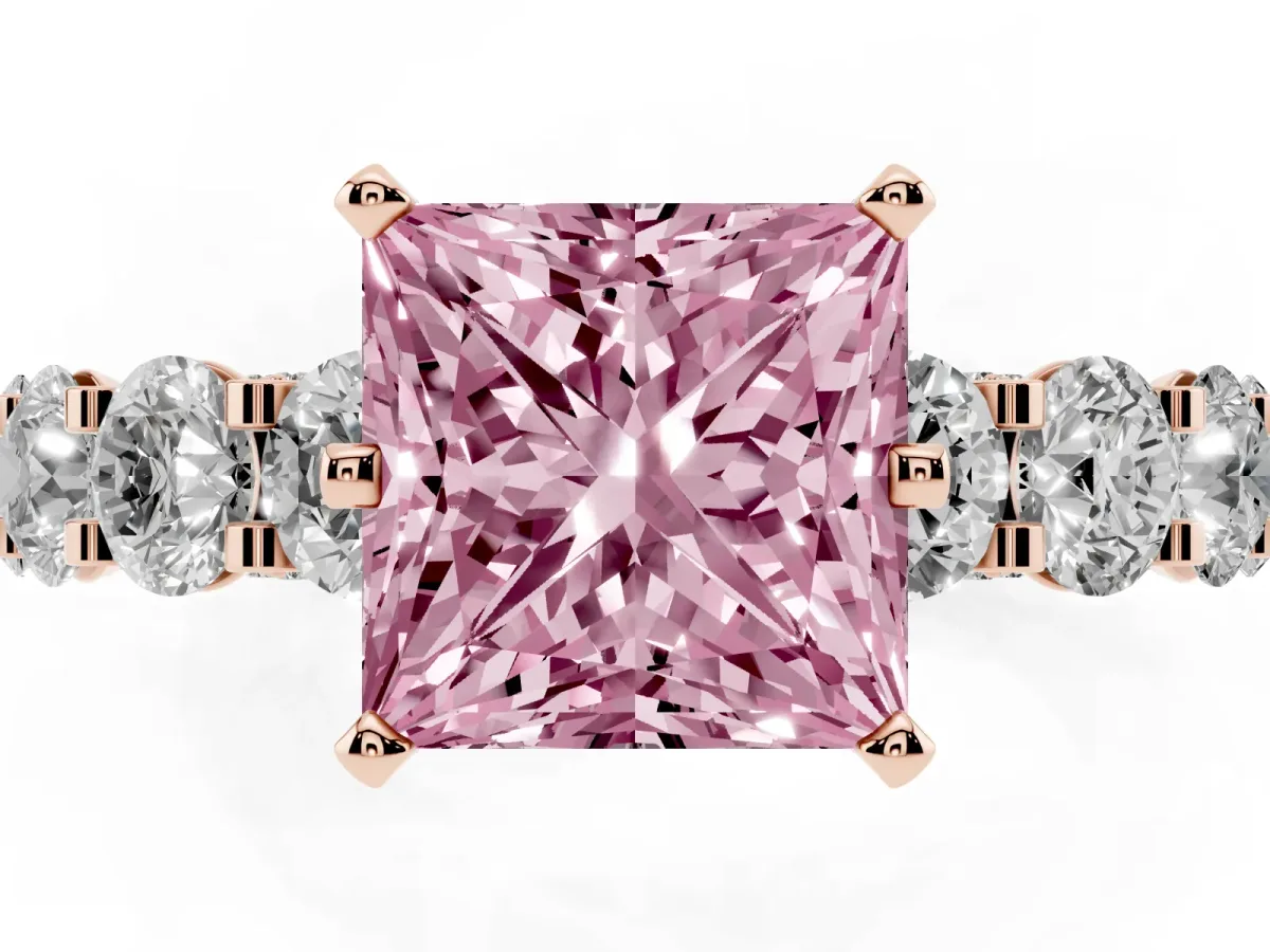 Fancy Pink Princess Cut Diamond Side Stone Engagement Ring with Four-Prong Setting Rose gold