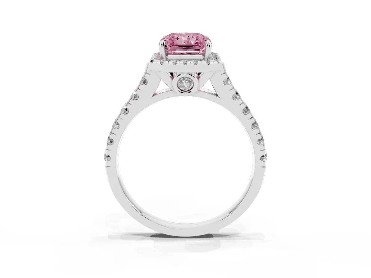 Fancy Pink Radiant Cut Halo Pavé Diamond Engagement Ring with Four-Prong Setting Silver