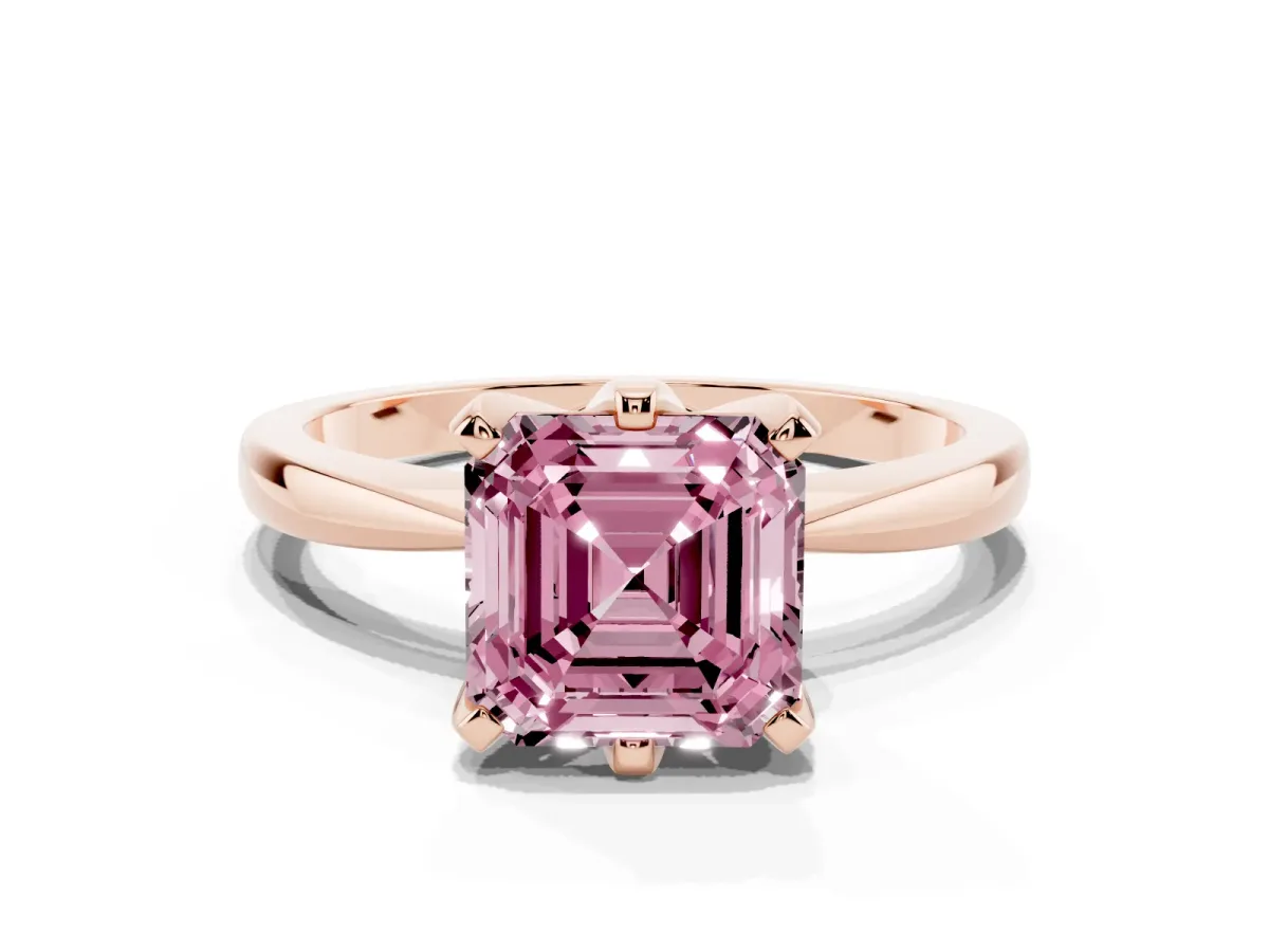 Fancy Pink Asscher Cut Solitaire Engagement Ring with Six-Prong Setting and Tapered Band Rose gold