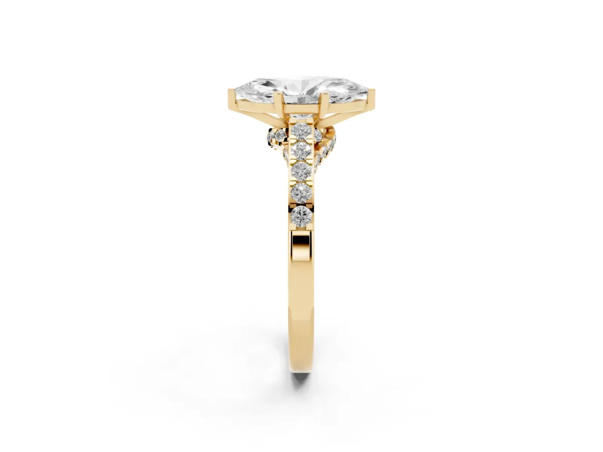 Marquise Cut Diamond Solitaire Ring with Crossover Gallery and Round Pavé Band Yellow gold