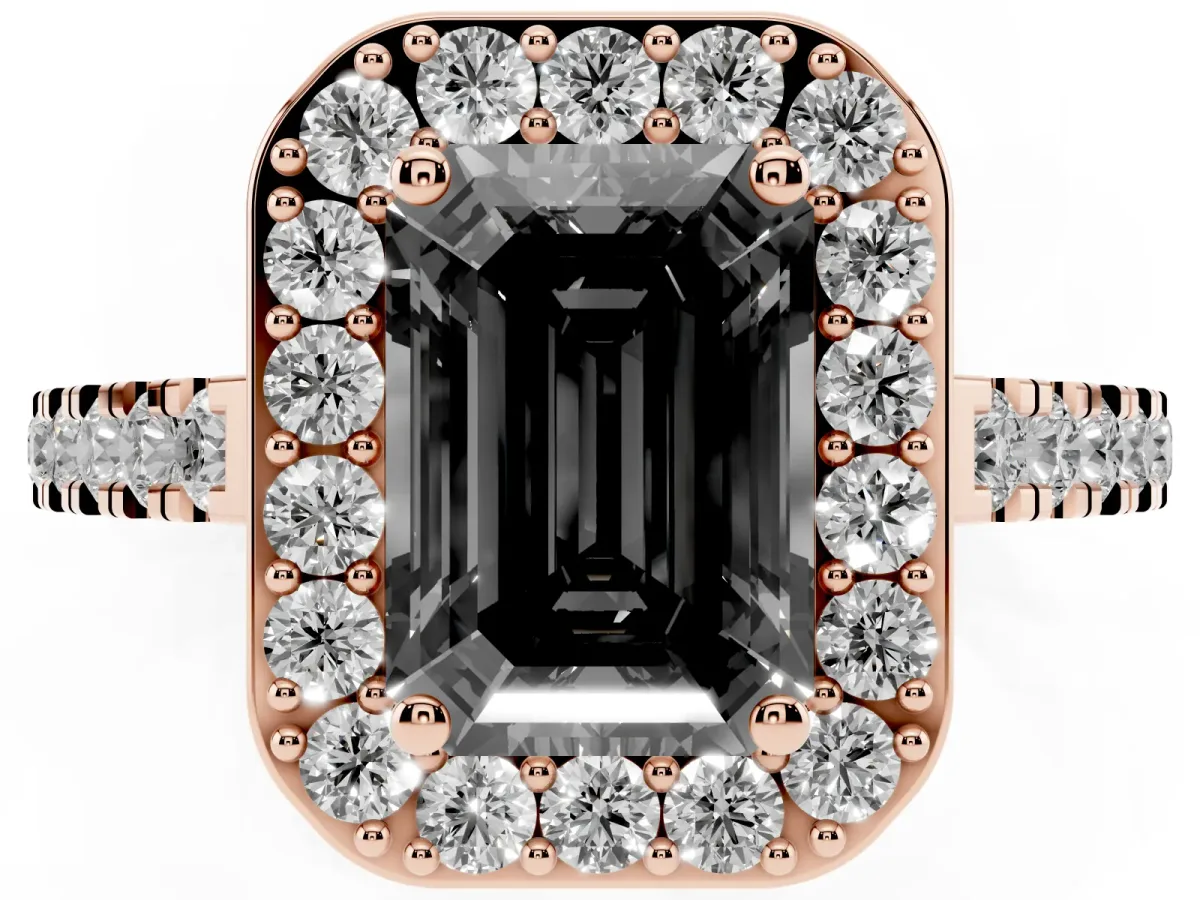 Fancy Black Emerald Cut Diamond Halo Ring with Round Pavé Split Shank and Prong Setting Rose gold