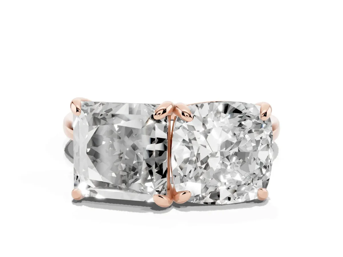 Cushion and Princess Toi Moi Ring with Prong Setting and Plain Band Rose gold