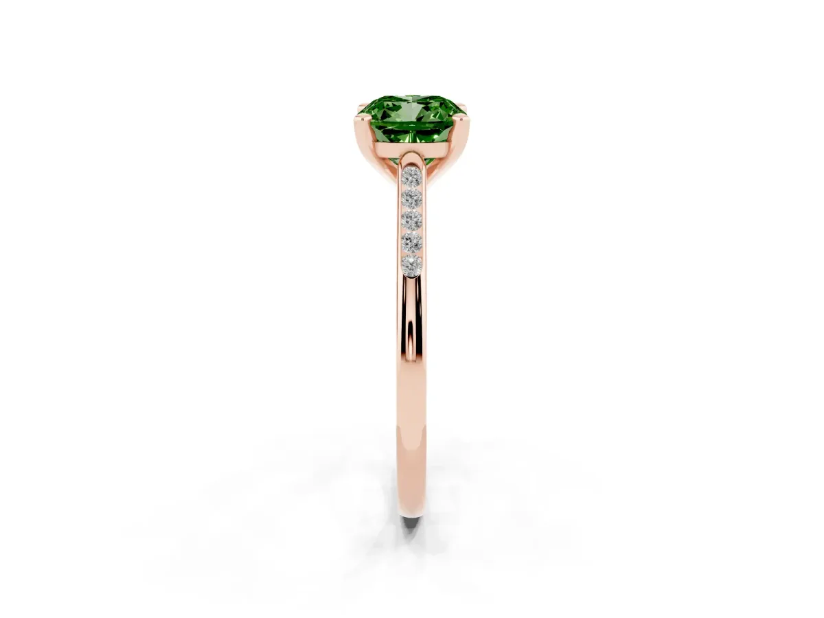 Fancy Green Cushion Cut Diamond Solitaire Ring with Channel Set Round Band and Prong Setting Rose gold