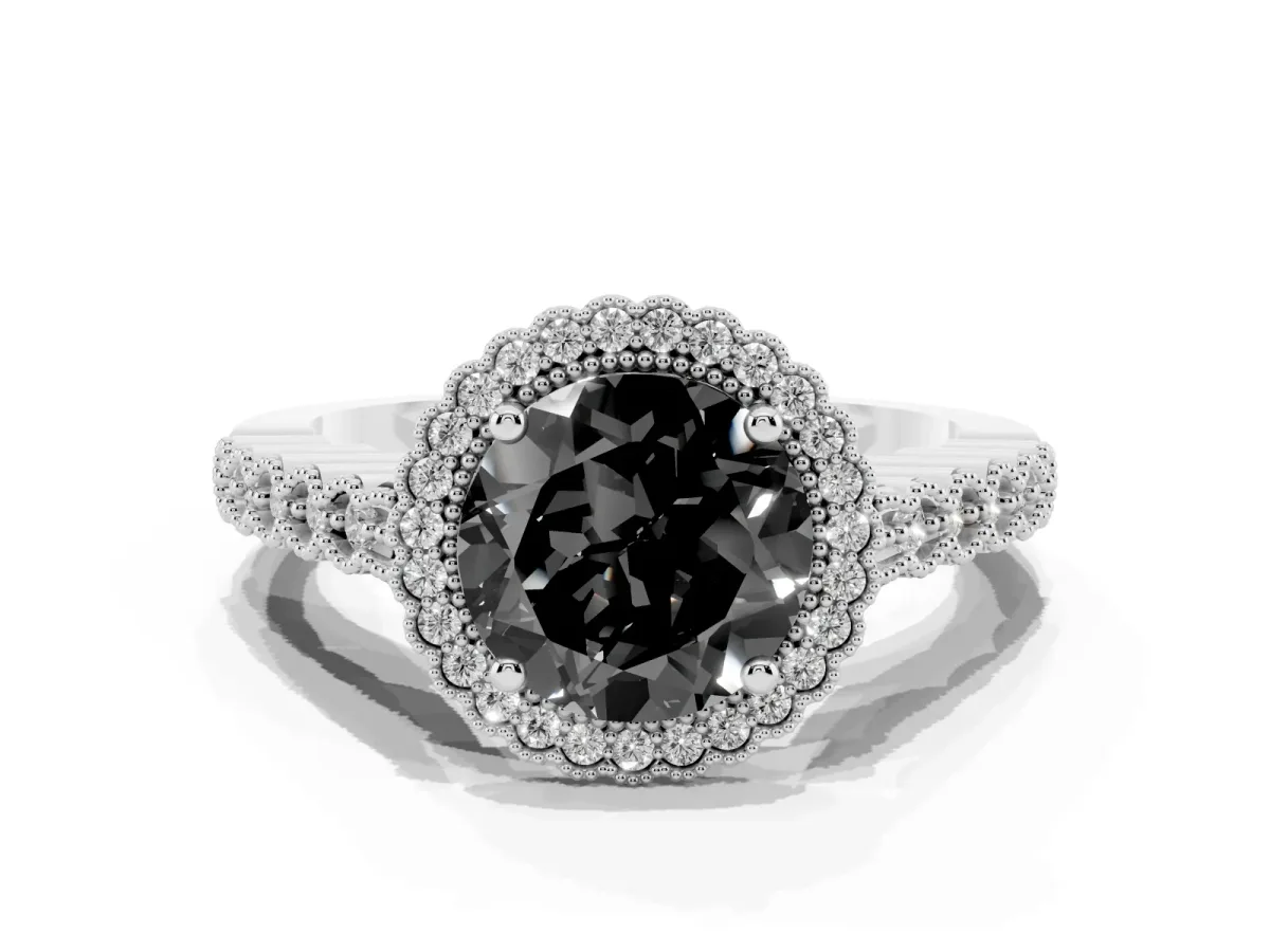 Fancy Black Round Cut Cut Halo Pavé Solitaire Ring with Milgrain Band White gold