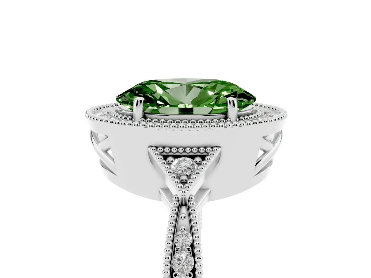 Fancy Green Oval Cut Halo Round Diamond Milgrain Pave Engagement Ring Silver