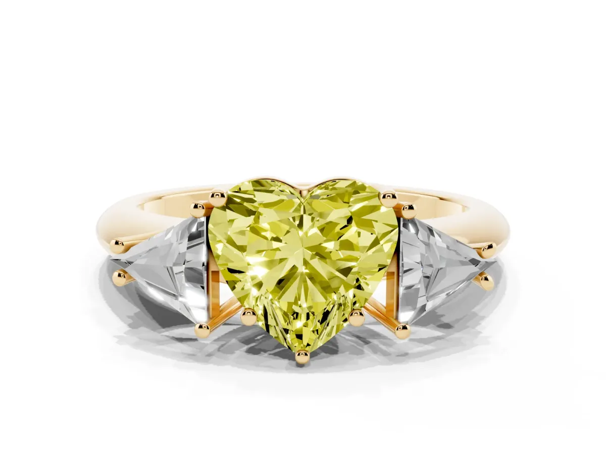 Fancy Yellow Three-Stone Heart Cut Diamond Engagement Ring with Trillion Side Stones and Prong Setting Yellow gold