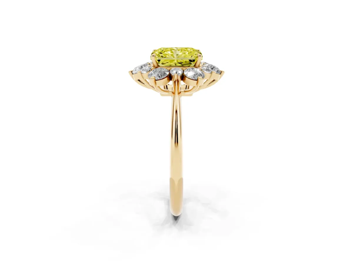Fancy Yellow Radiant Cut Diamond Cluster Halo Ring with Solitaire Band and Four-Prong Setting Yellow gold