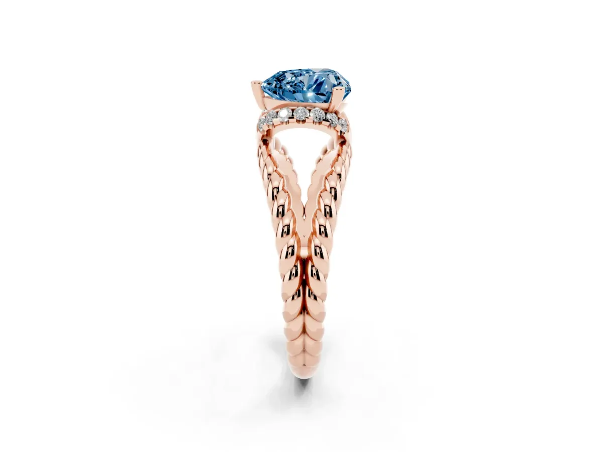 Fancy Blue Heart Cut Halo Twisted Band Four-Prong Ring Rose gold