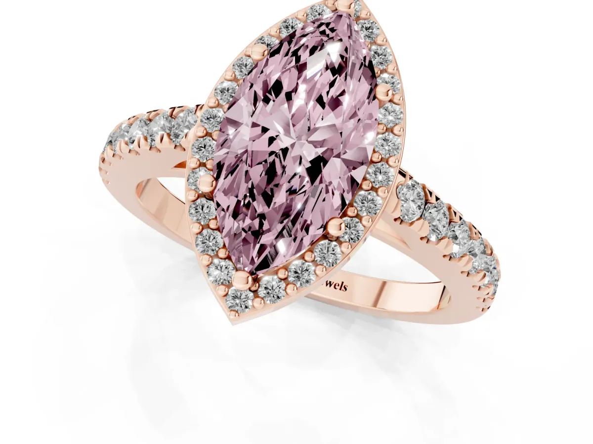 Fancy Pink Marquise Cut Cut Halo Diamond Engagement Ring with Pave Band and Four-Prong Setting Rose gold