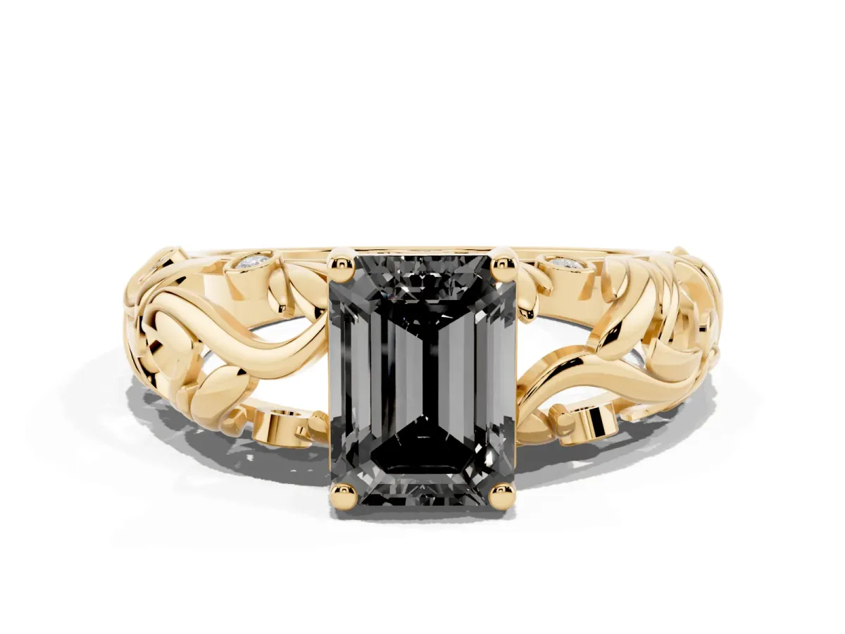 Fancy Black Emerald Cut Solitaire Diamond Leaf-Inspired Vine Band Ring with Prong Setting Yellow gold