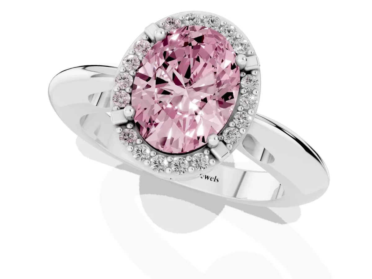 Fancy Pink Oval Cut Cut Diamond Halo Engagement Ring with Split Shank and Four-Prong Setting Silver