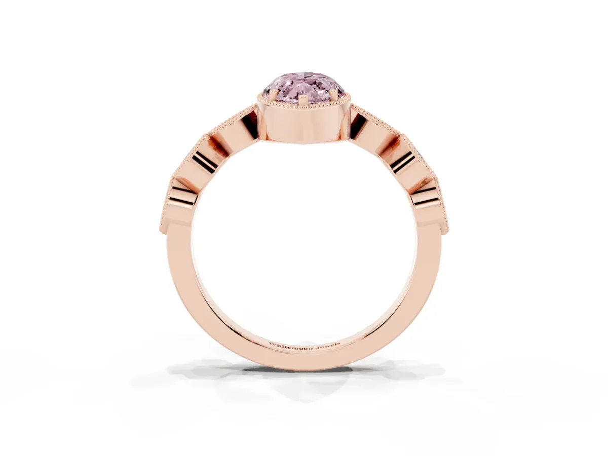 Fancy Pink Marquise Cut Diamond Vintage Milgrain Ring with Round Stations Rose gold