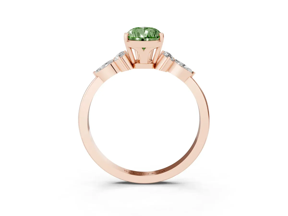 Fancy Green Pear Cut Brilliant Diamond Solitaire Ring with Pear Side Stones and Four-Prong Setting Rose gold