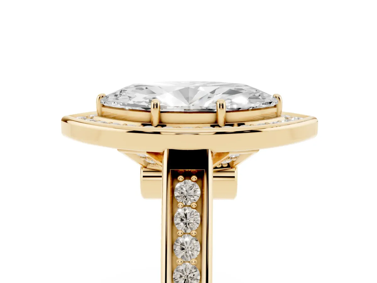 Marquise Cut Halo Solitaire Diamond Ring with Pave Band and Bezel Setting Yellow gold