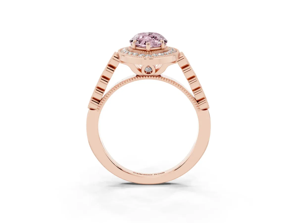 Fancy Pink Marquise Cut Halo Milgrain Solitaire with Bezel Set Side Stones and Pave Band Rose gold