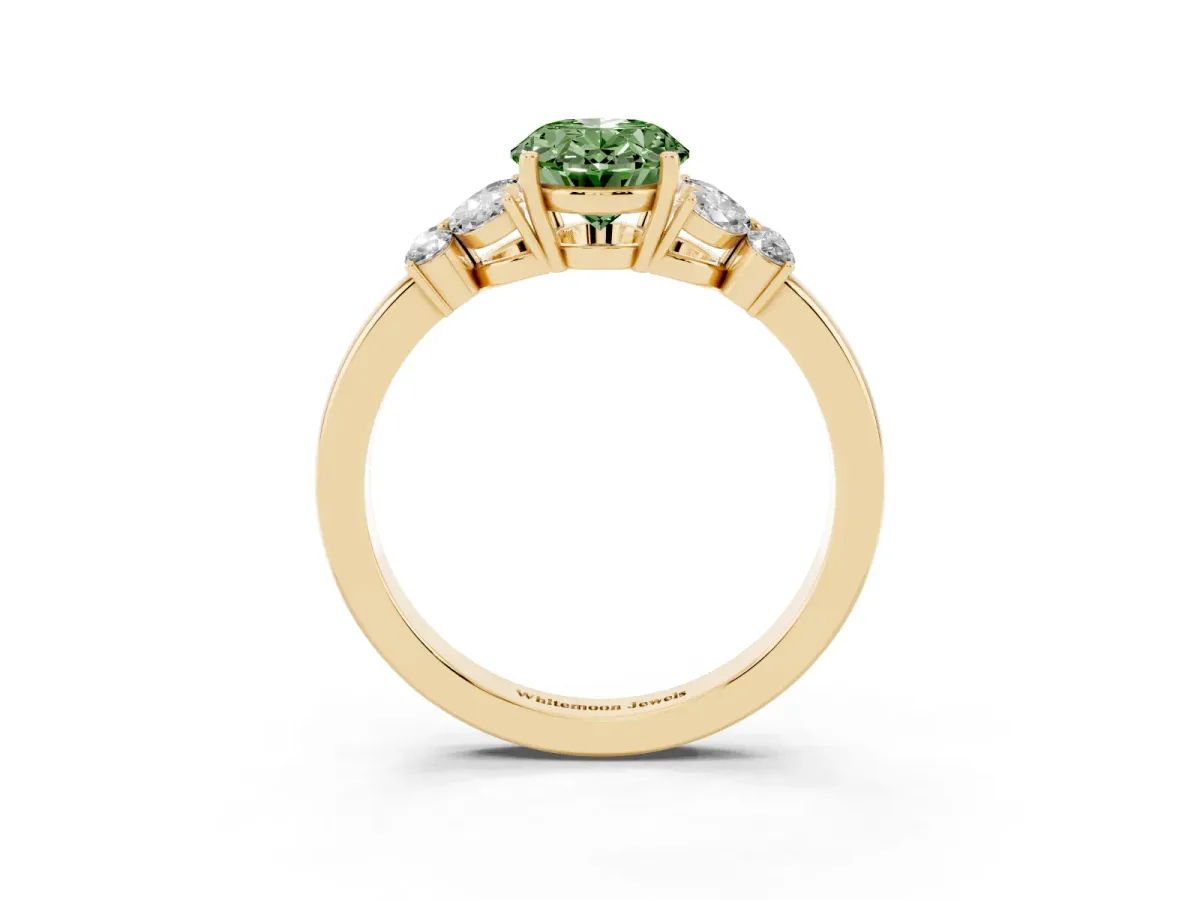 Fancy Green Oval Cut Cut Solitaire Floral Diamond Ring with Four-Prong Setting Yellow gold