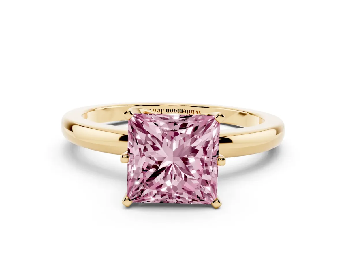 Fancy Pink Princess Cut Solitaire Diamond Ring with Six-Prong Setting on a Classic Band Yellow gold