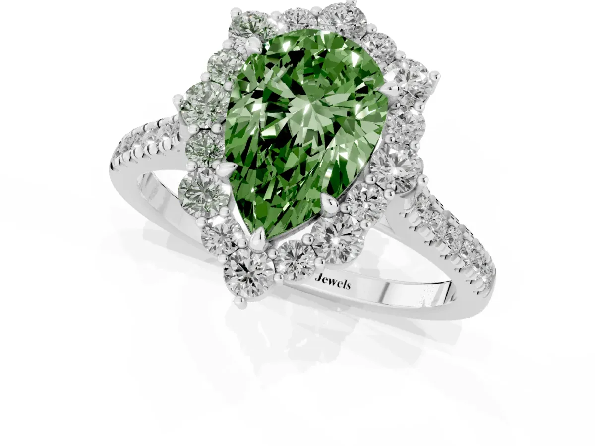 Fancy Green Pear Cut Halo Diamond Ring with Pavé Band and Prong Setting Silver