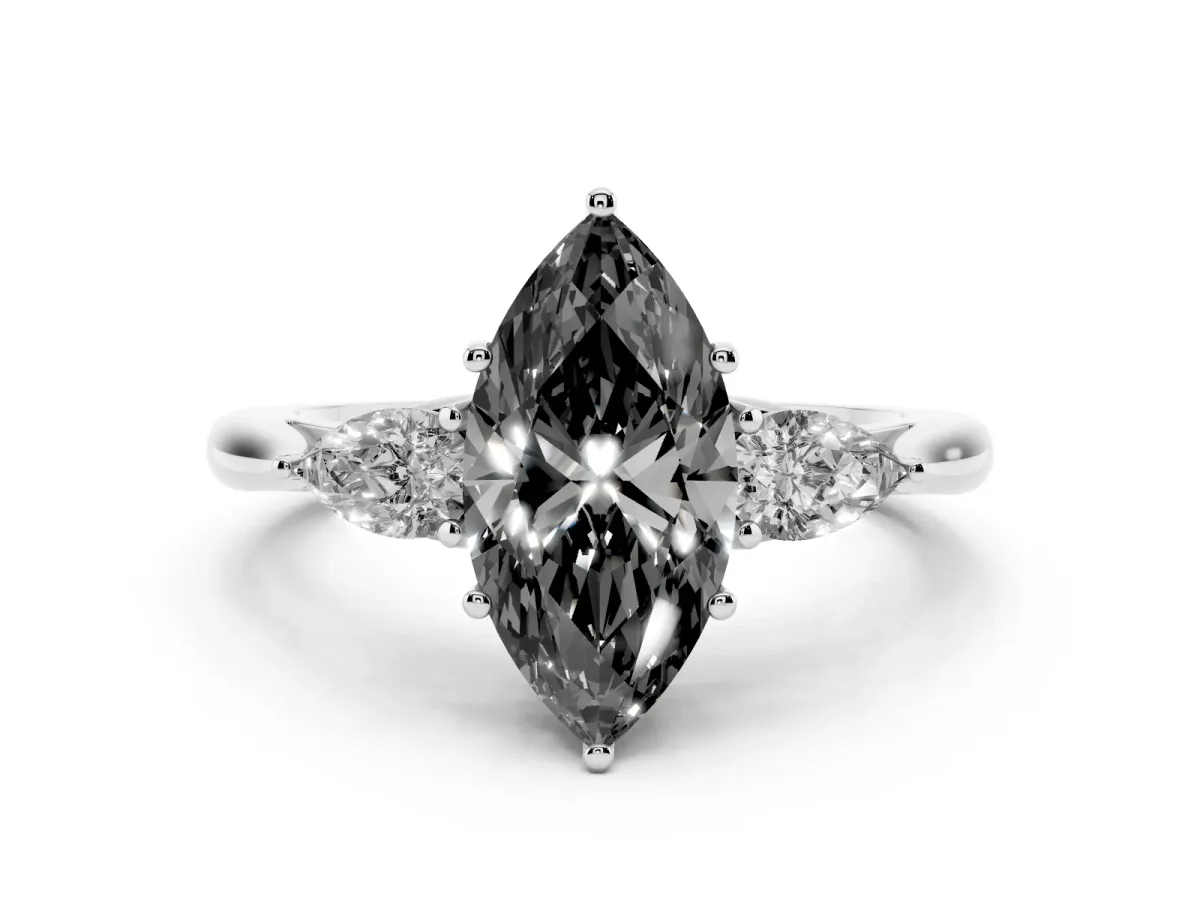 Fancy Black Three-Stone Marquise Cut Brilliant Diamond Solitaire Ring with Tapered Band and Four-Prong Setting Silver