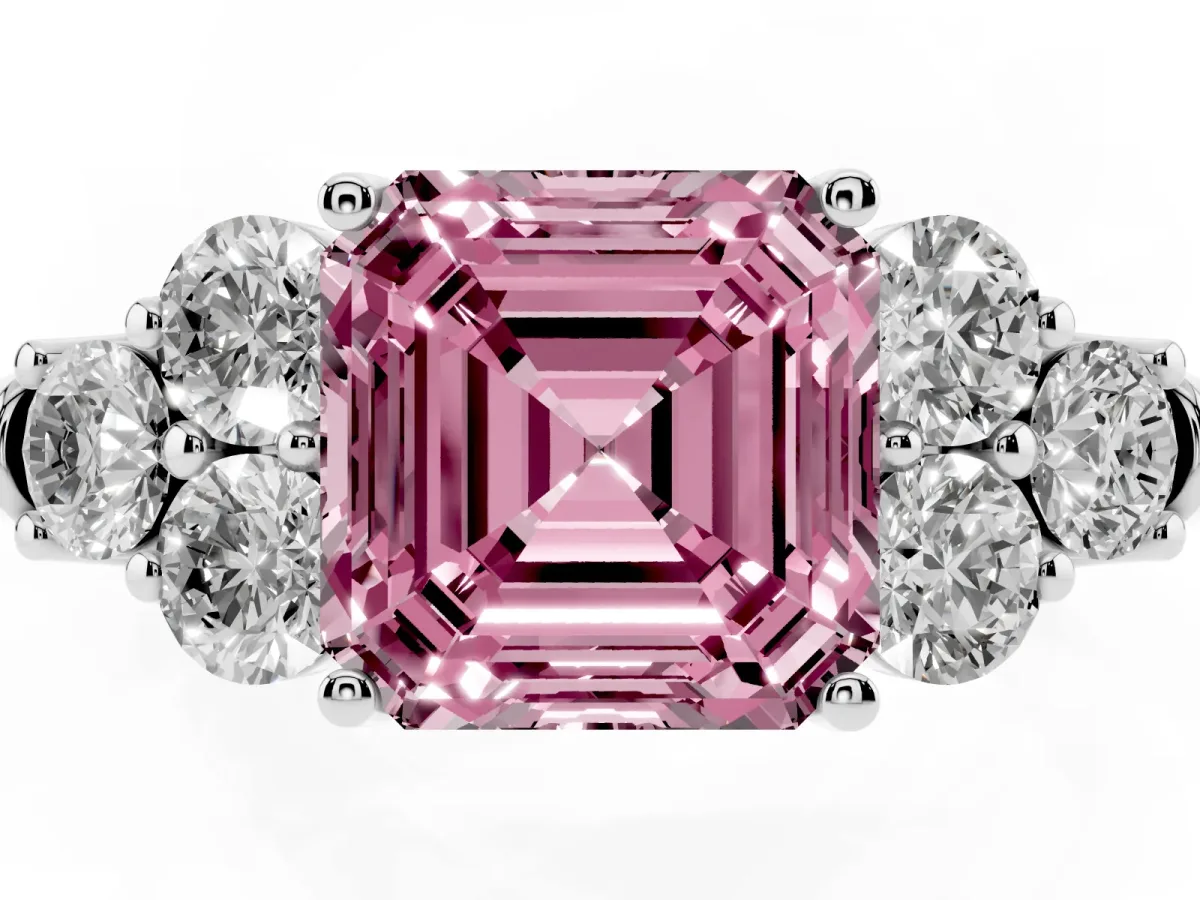 Fancy Pink Asscher Cut Cut Diamond Cluster Ring with Round Accent Stones and Prong Setting on a Classic Band White gold