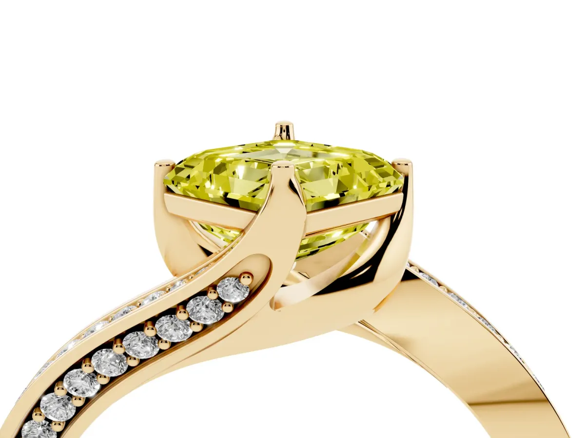 Fancy Yellow Asscher Cut Solitaire Diamond Twist Band with Pavé Setting and Four-Prong Setting Yellow gold