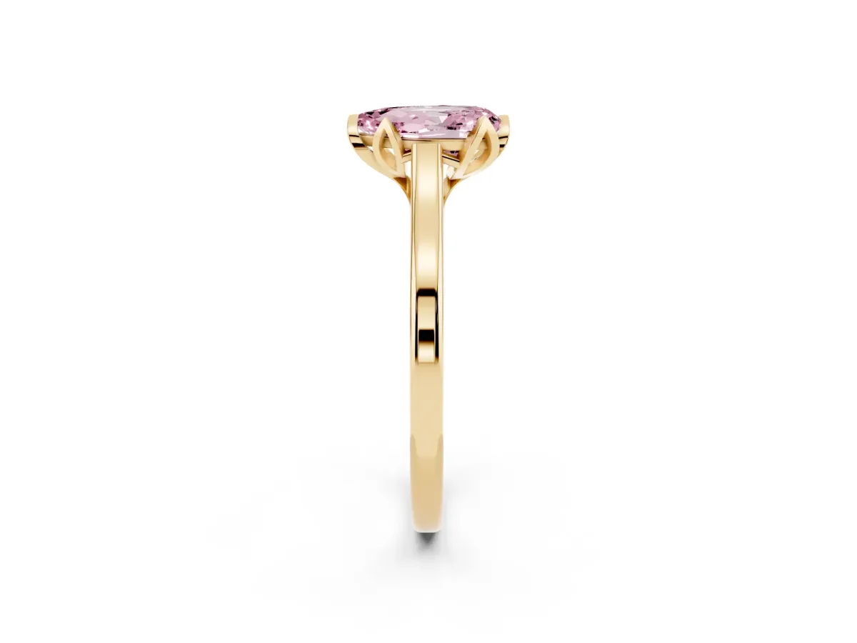 Fancy Pink Pear Cut Diamond Solitaire Ring with Flower Prong Setting and Classic Band Yellow gold
