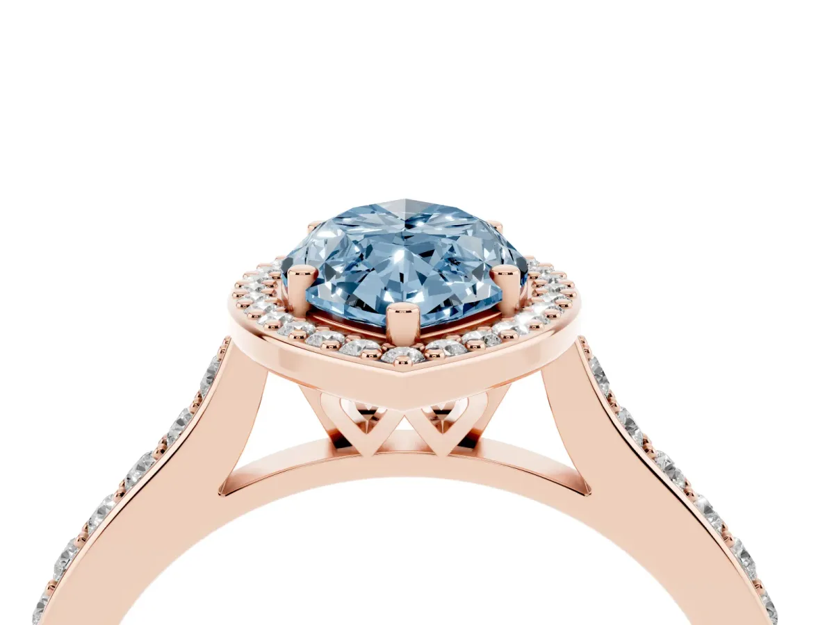 Fancy Blue Marquise Cut Diamond Halo Engagement Ring with Round Pavé Shoulders and Prong Setting Rose gold