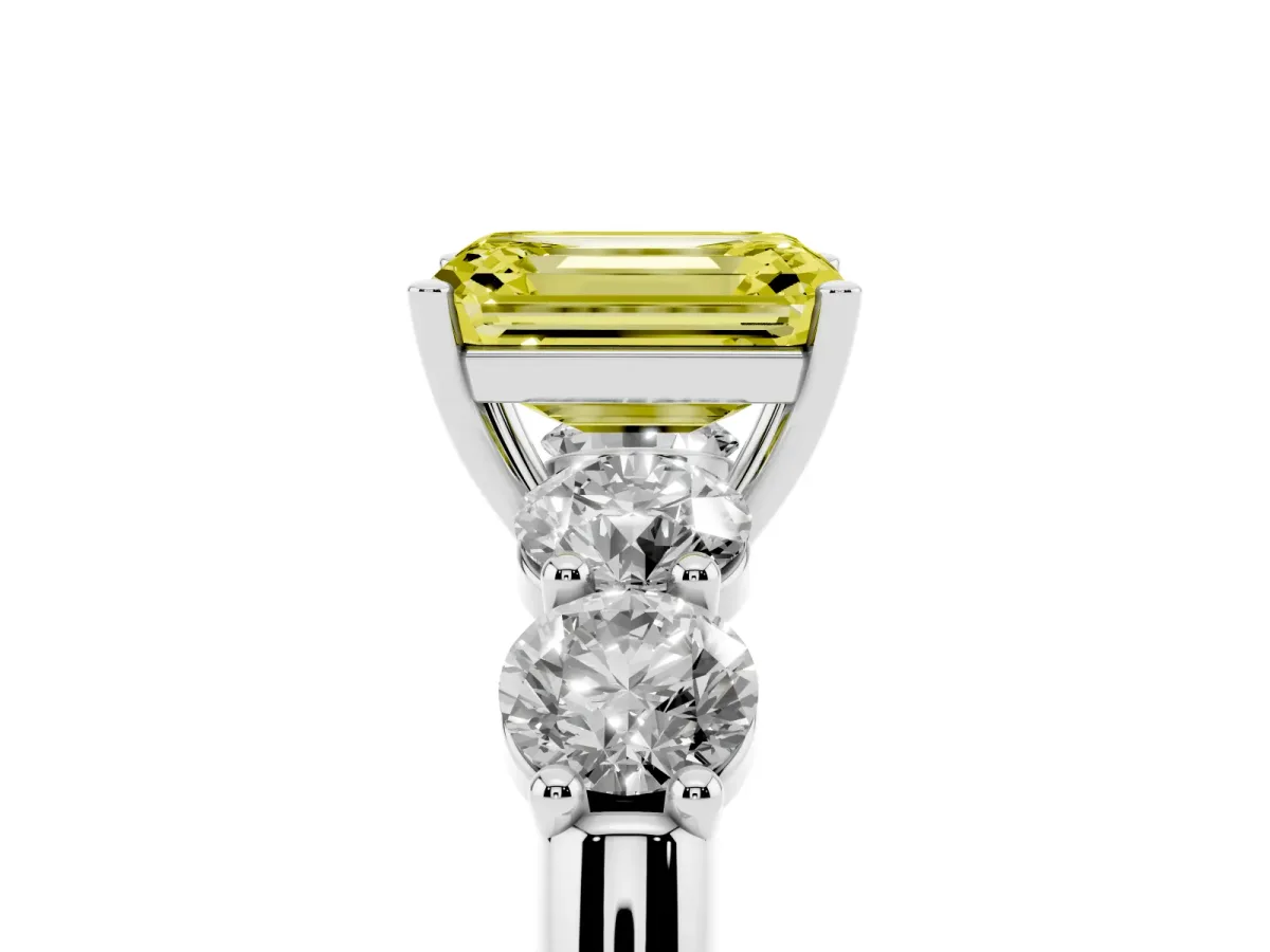 Fancy Yellow Emerald Cut Cut Five-Stone Prong Set Diamond Ring with Classic Band Platinum