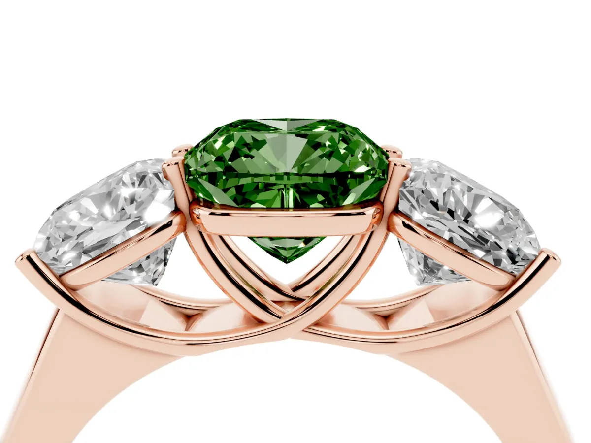 Fancy Green Cushion Cut Three-Stone Diamond Ring with Prong Setting on a Classic Band Rose gold