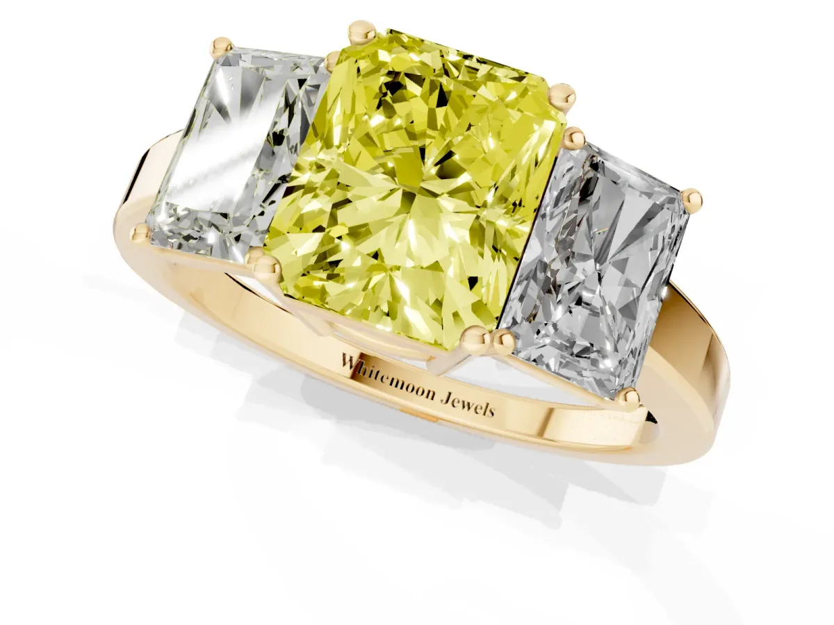Fancy Yellow Three-Stone Radiant Cut Cut Diamond Engagement Ring with Flat Band and Four-Prong Setting Yellow gold