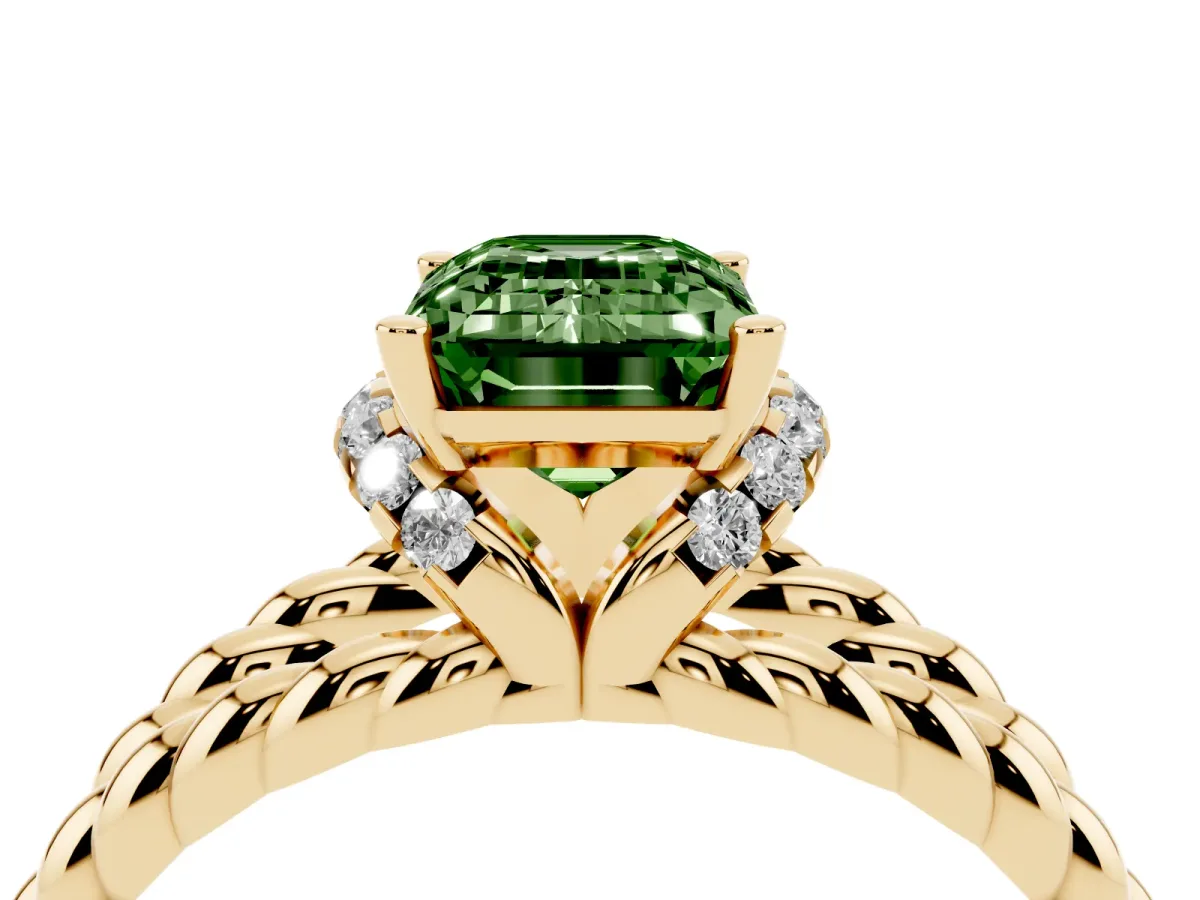 Fancy Green Emerald Cut Halo Twisted Band Four-Prong Ring Yellow gold