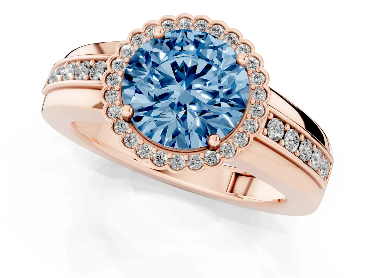 Fancy Blue Round Cut Cut Halo Pave Band Four-Prong Ring Rose gold