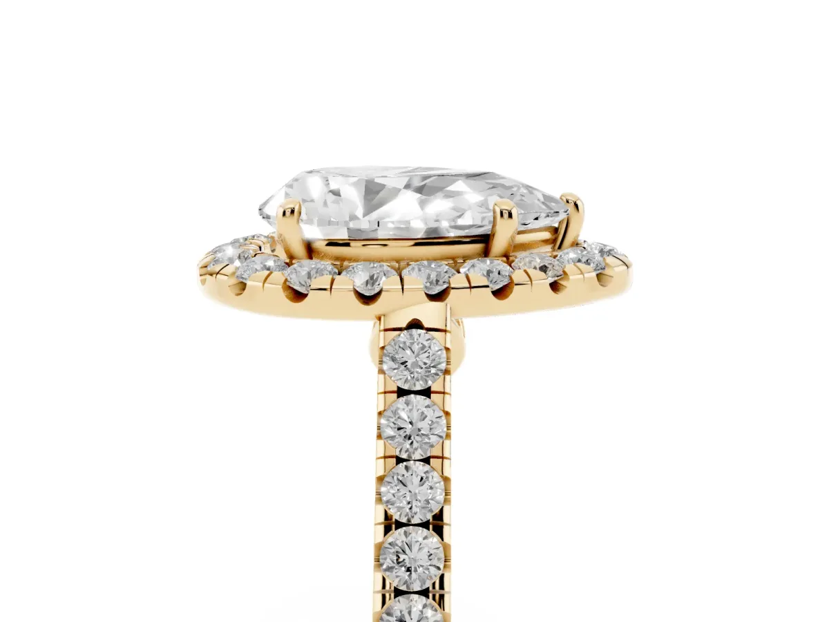 Pear Cut Halo Pave Diamond Engagement Ring with Four-Prong Setting Yellow gold