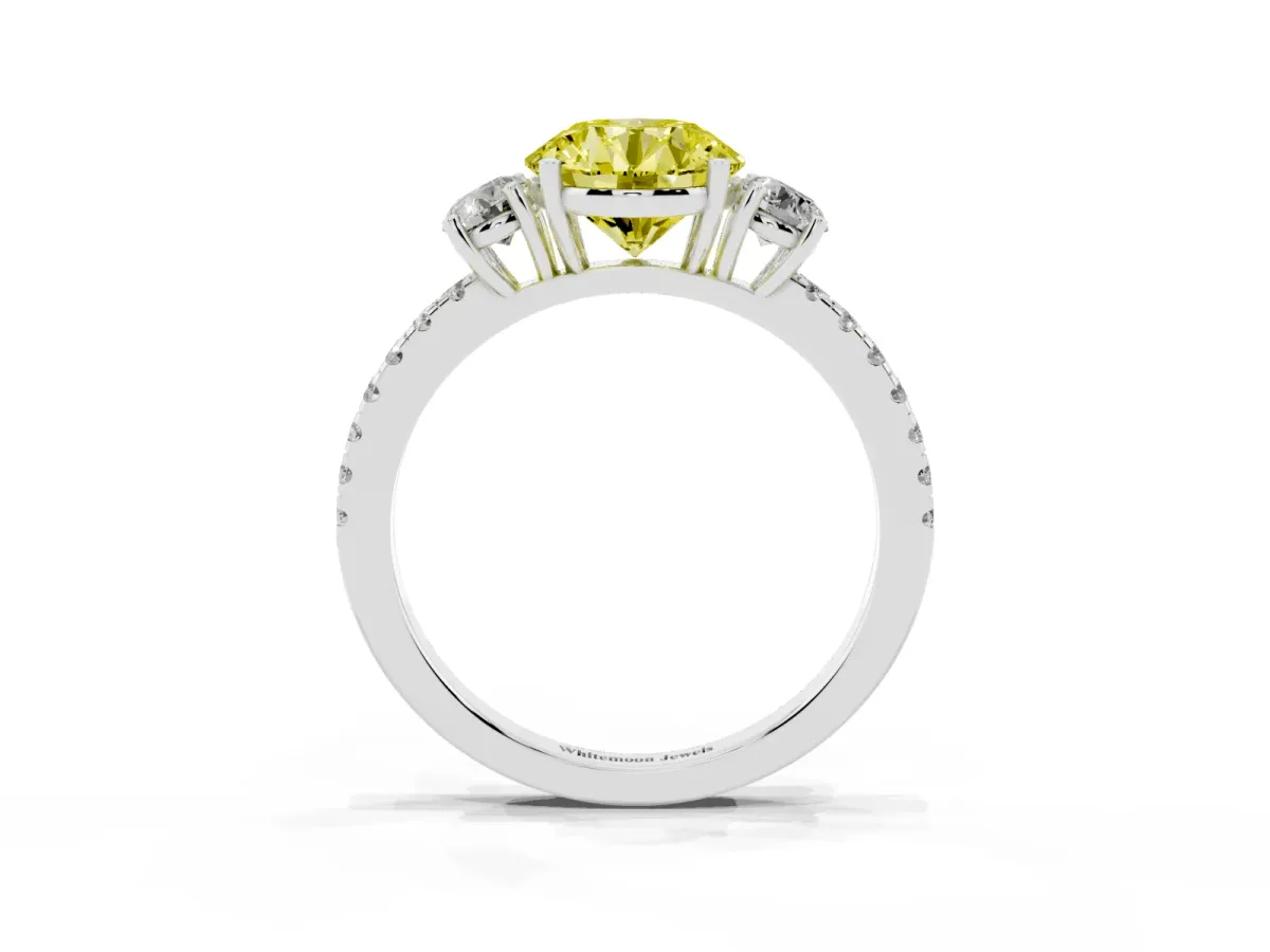 Fancy Yellow Three-Stone Round Cut Cut Diamond Pavé Band with Prong Setting Platinum
