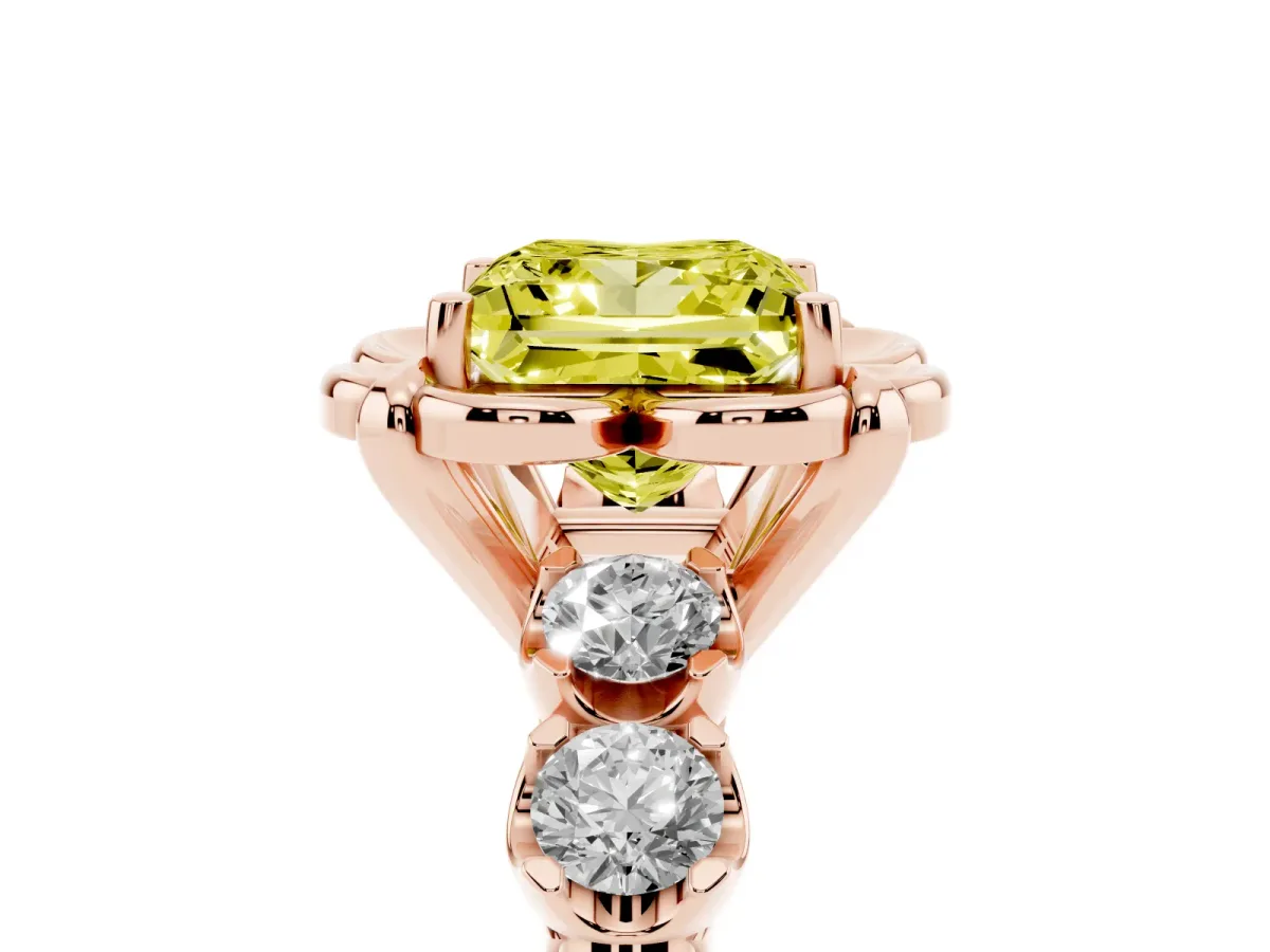 Fancy Yellow Princess Cut Cut Diamond Floral Halo Engagement Ring with Shared Prong Setting Rose gold
