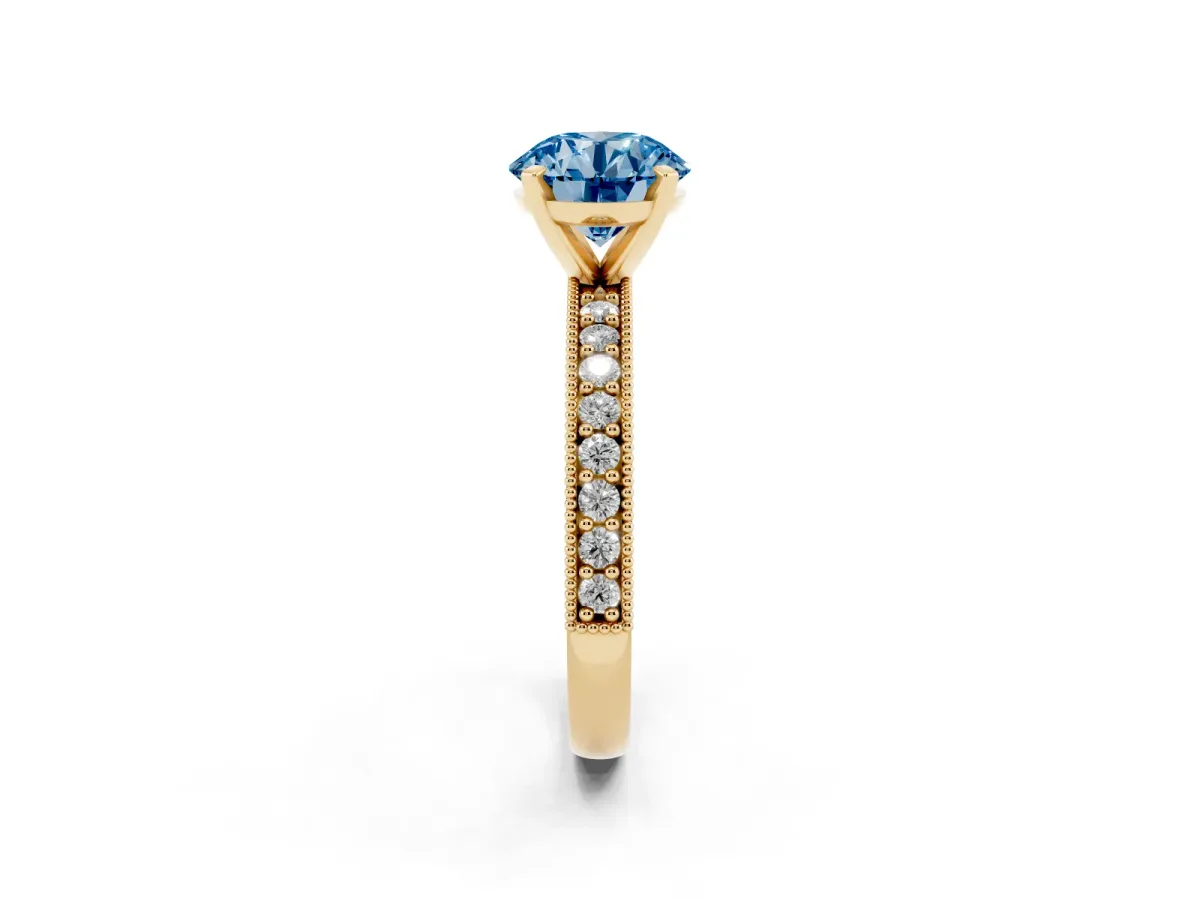 Fancy Blue Round Cut Diamond Milgrain Pavé Engagement Ring with Four-Prong Setting Yellow gold